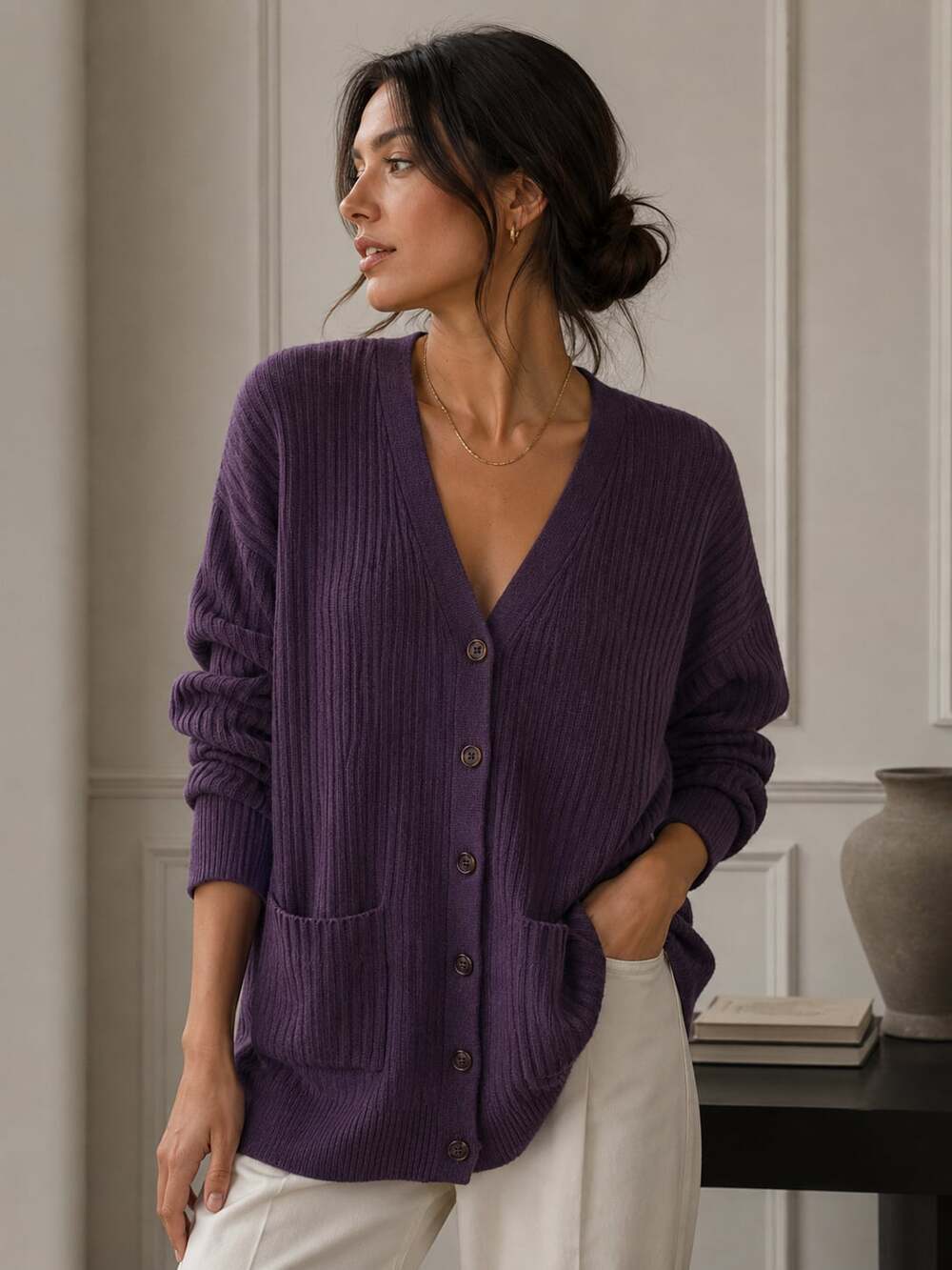 Society New York 100% Cashmere Ribbed Long Cardigan Sweater Purple Women’s Small